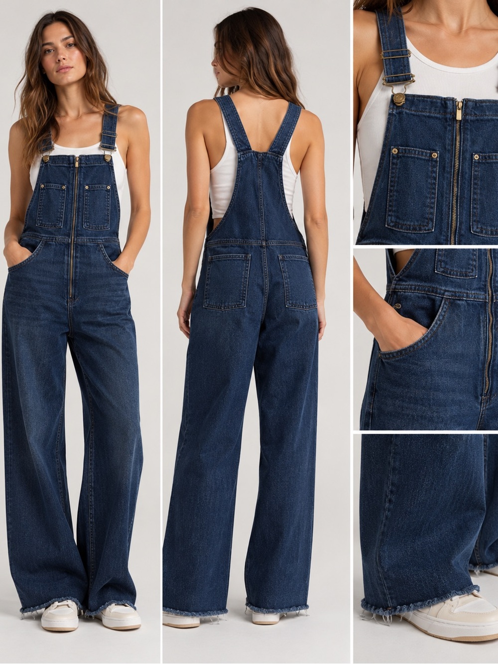 Zara Woman Premium Denim Zip Front Wide Leg Overalls Jumpsuit